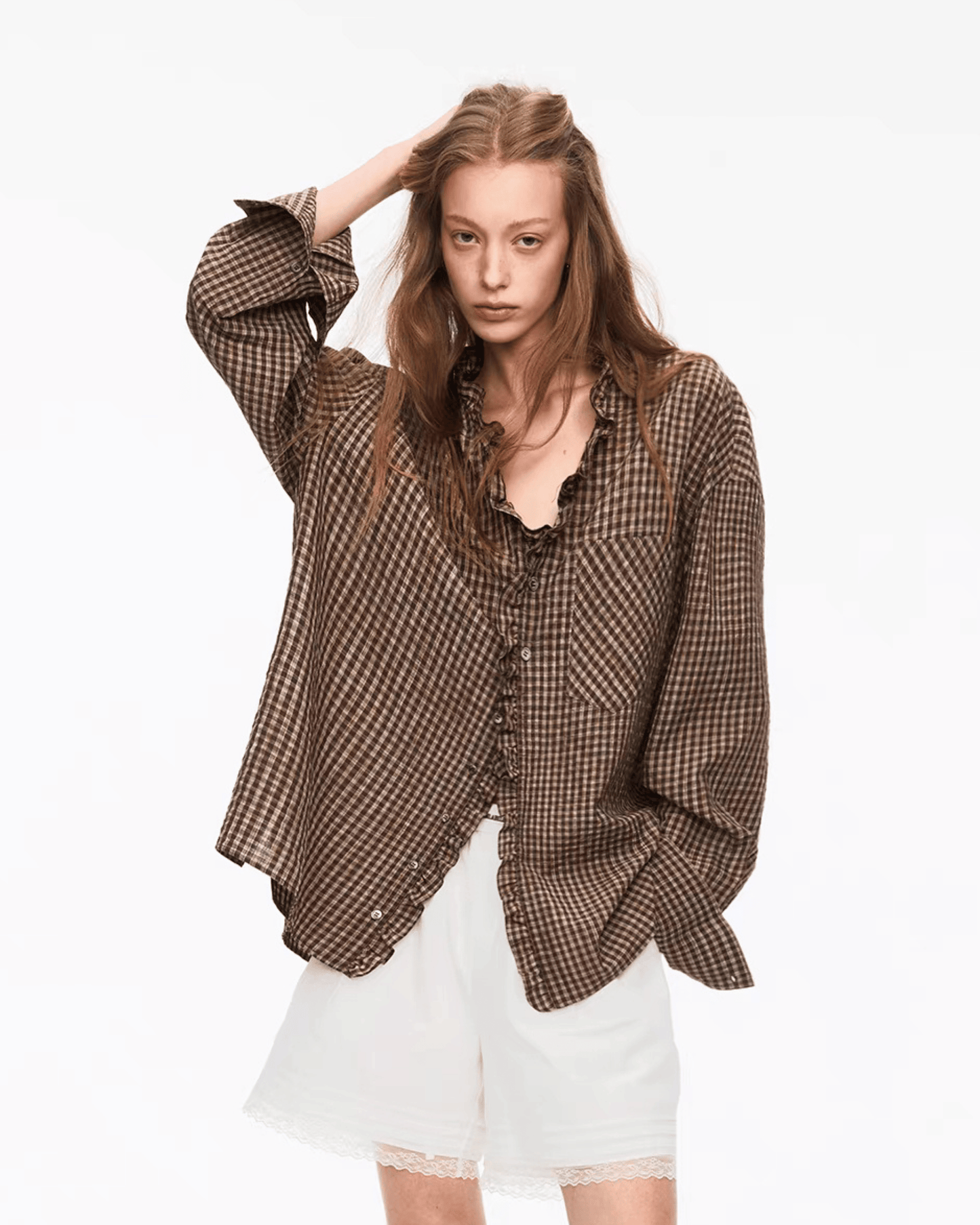 Oversized Plaid Ruffle Collar Shirt