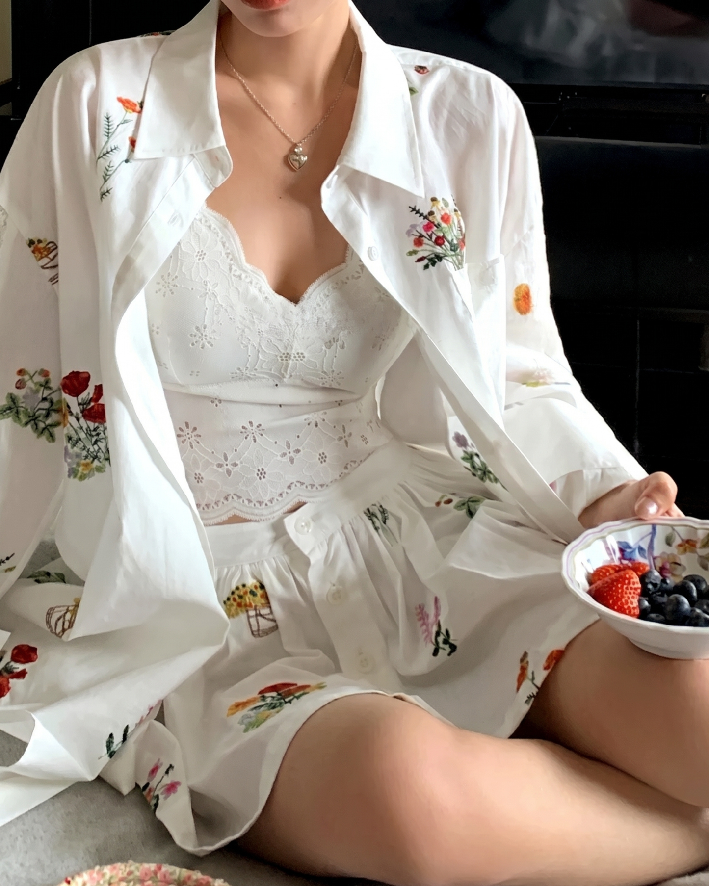 Flower Embroidered Cotton Two-Piece Set