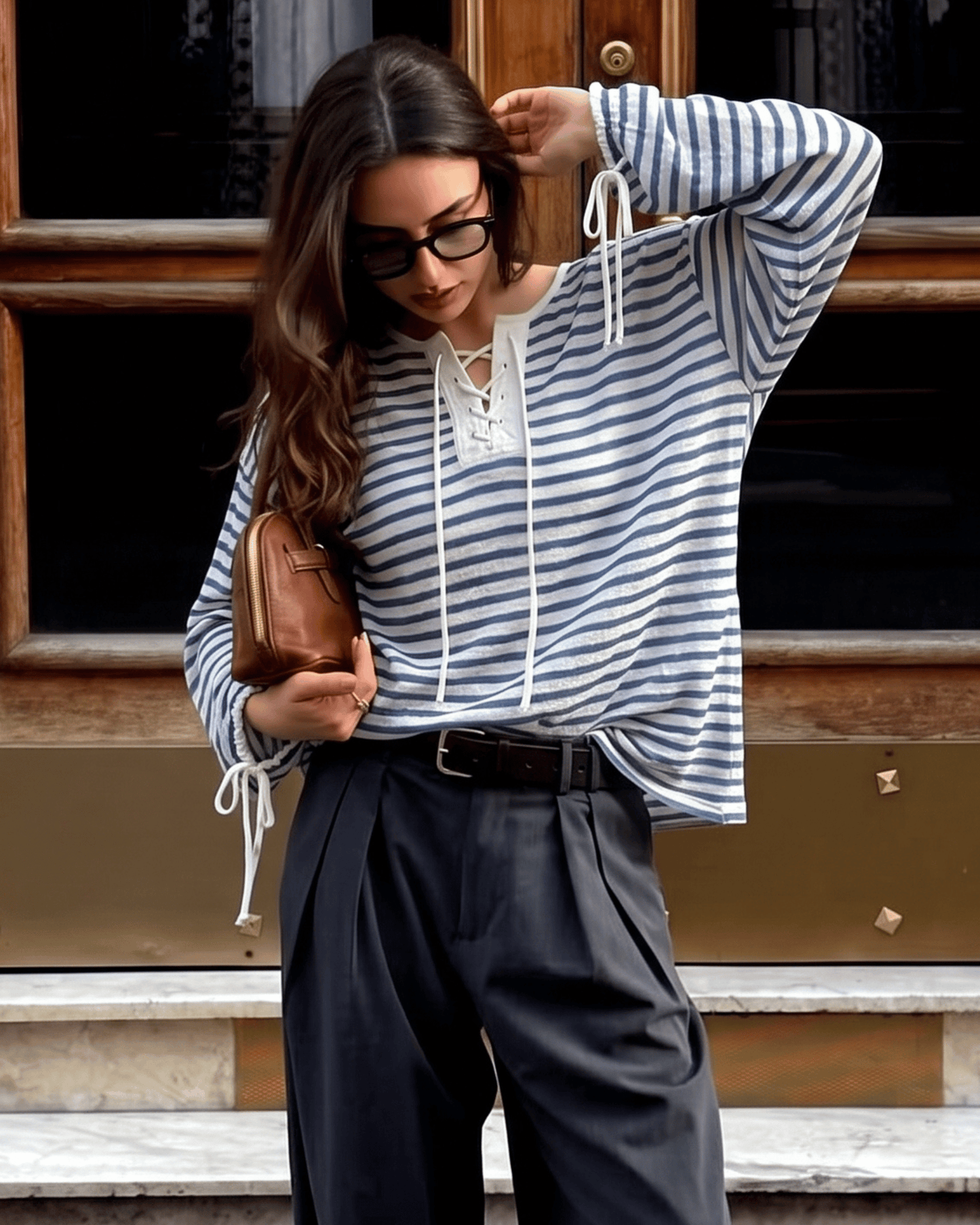 Blue Striped V-Neck Long Sleeve Top