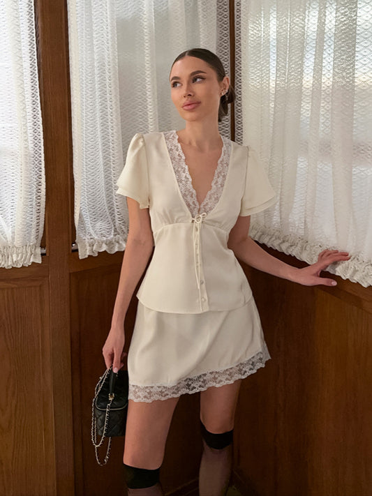 Ensemble taille cintrée à manches courtes en dentelle pour femme