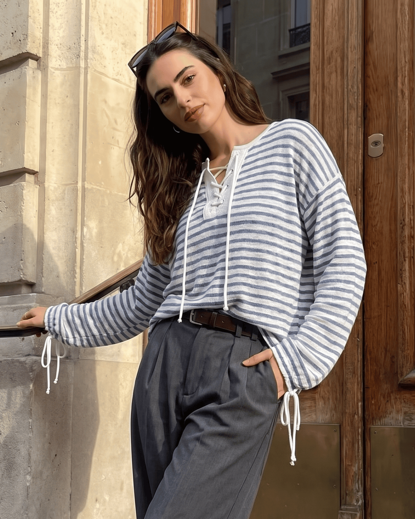 Blue Striped V-Neck Long Sleeve Top