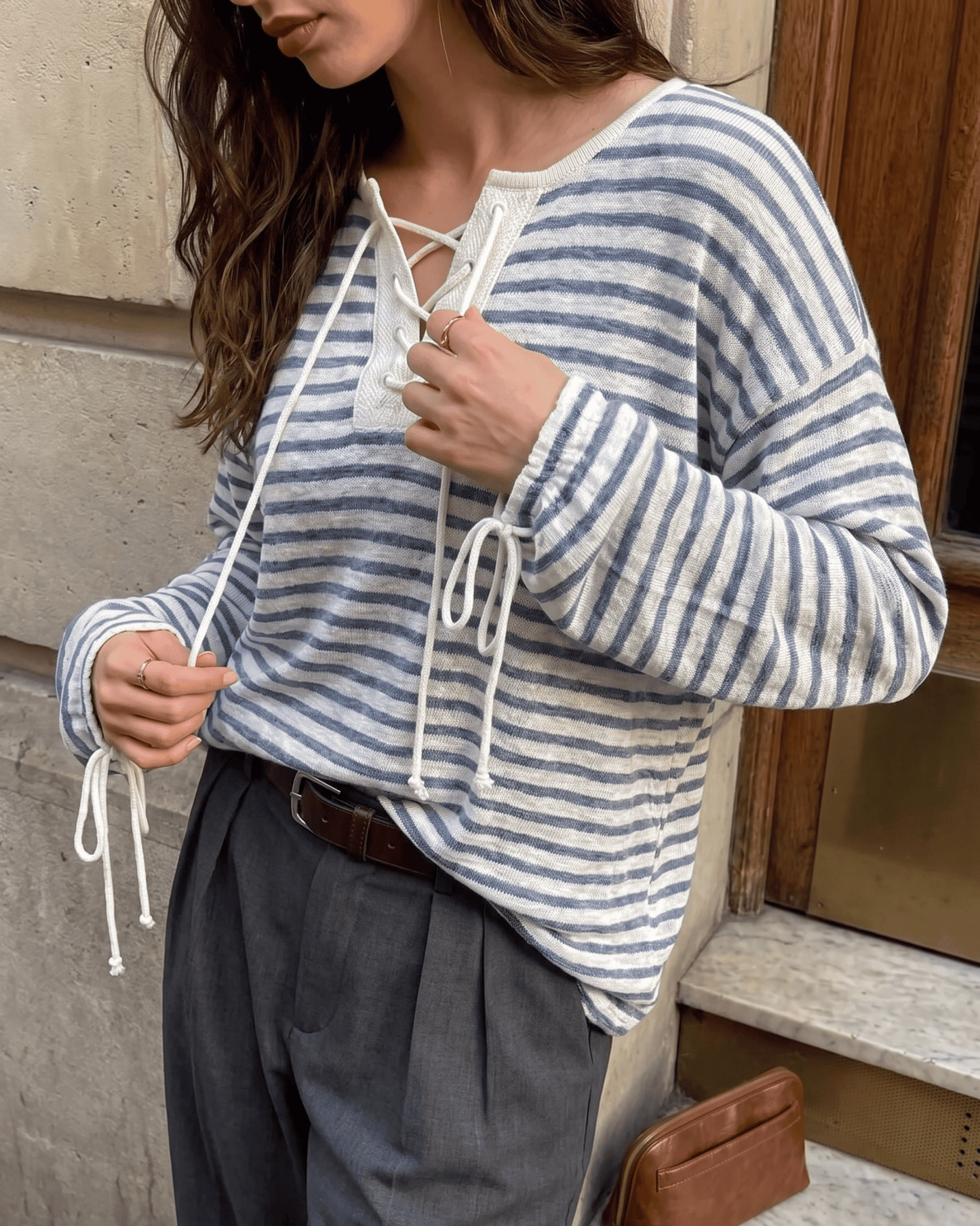 Blue Striped V-Neck Long Sleeve Top