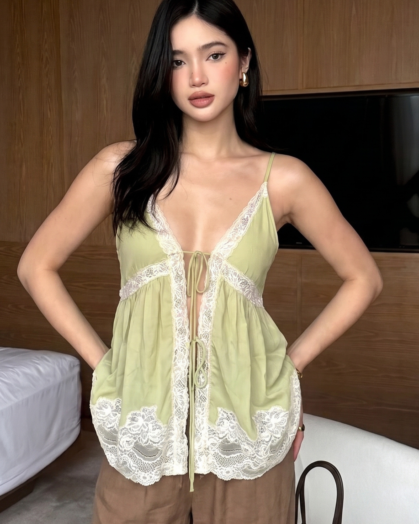 Lace-Trimmed Sage Green Peplum Top
