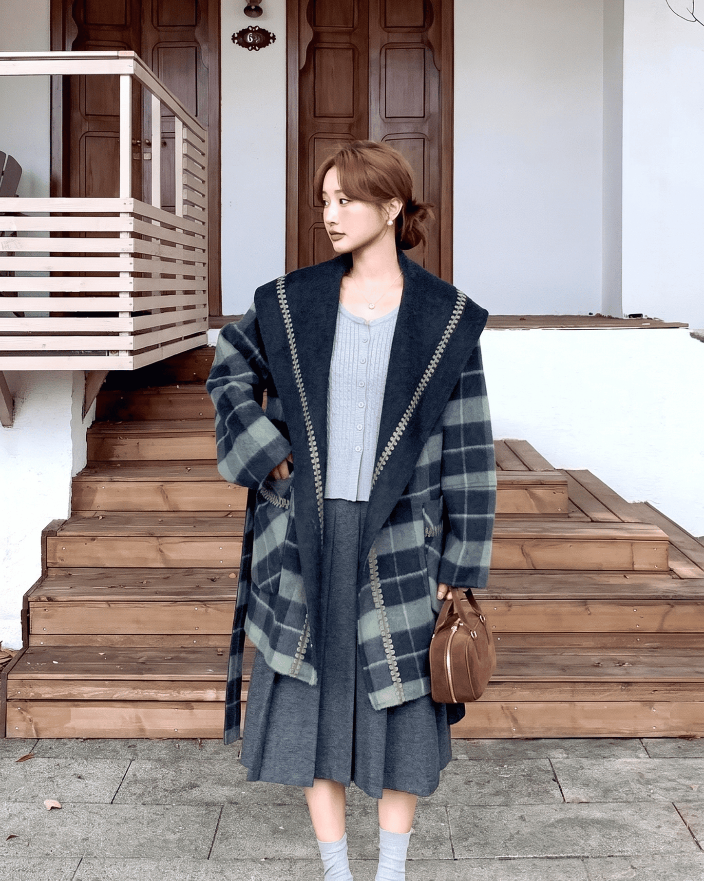 Reversible Check Pattern Midi Wool Coat