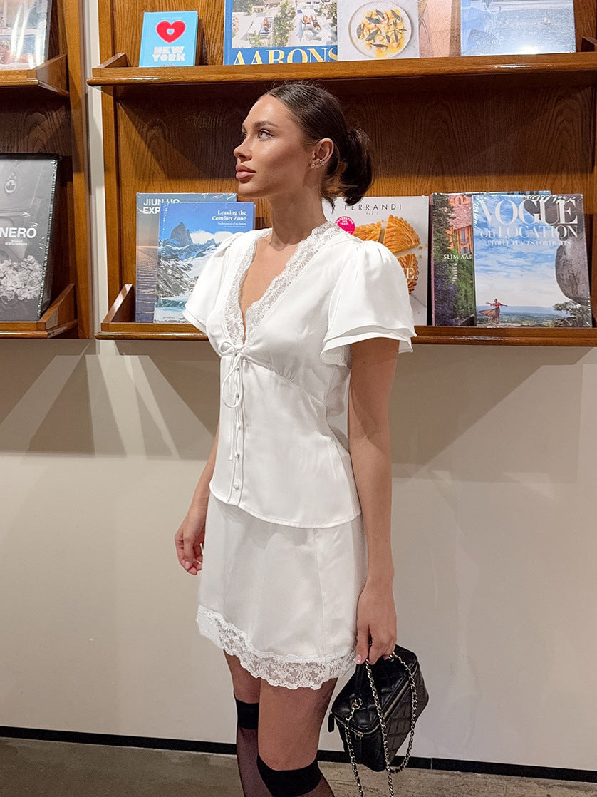 Women's Fashion Lace Waist-Cinching Short-Sleeve Set