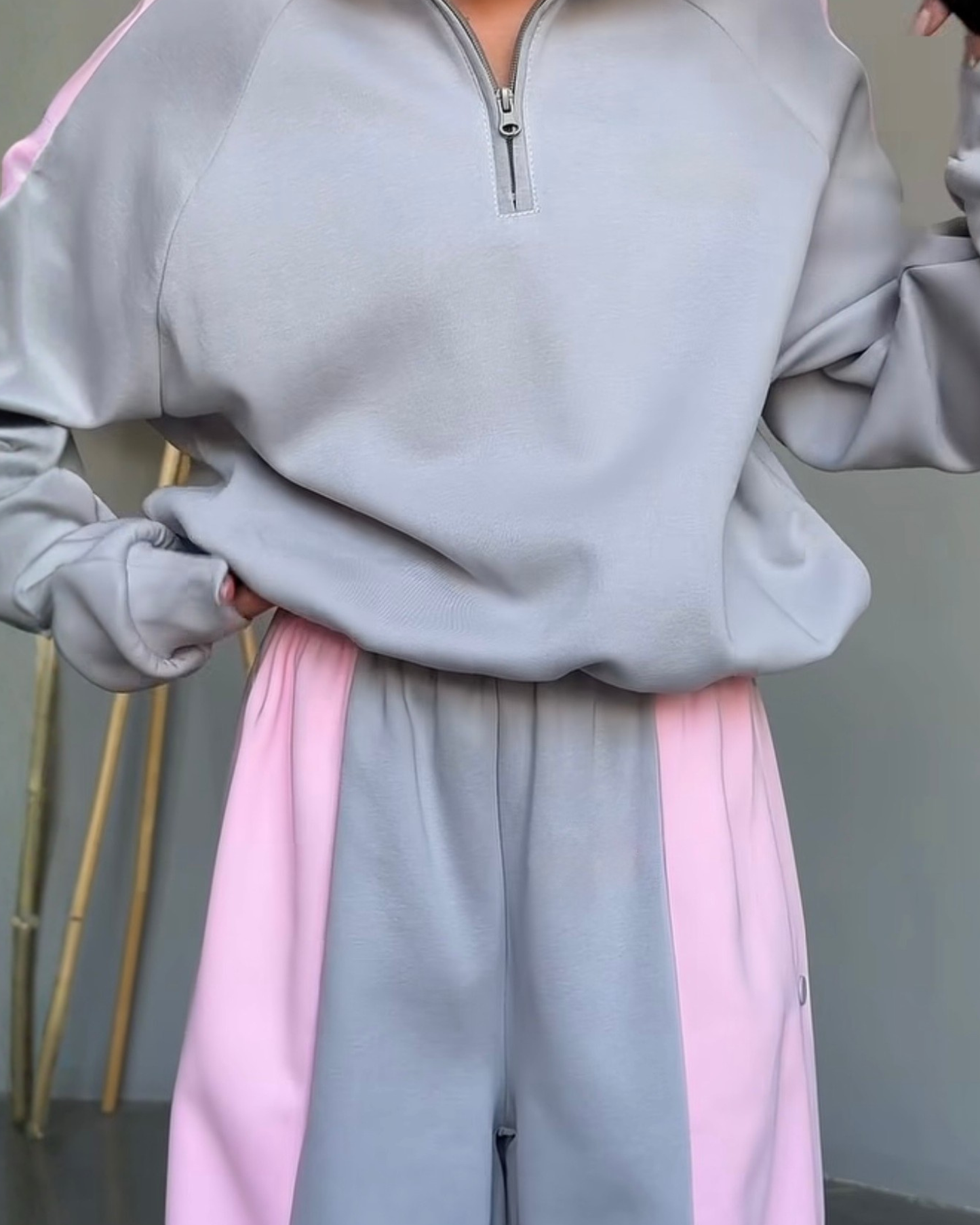 Oversized Quarter-Zip Sweatshirt Set Women with wide  Leg Sweatpants .