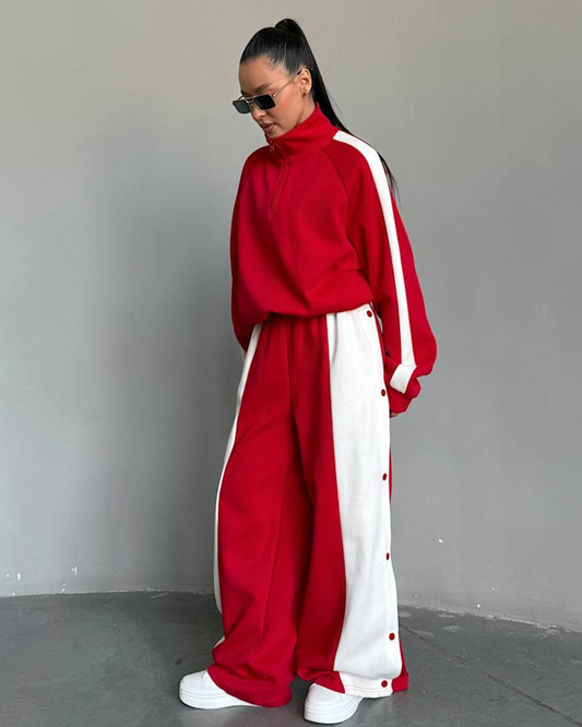 Oversized Quarter-Zip Sweatshirt Set Women with wide  Leg Sweatpants .
