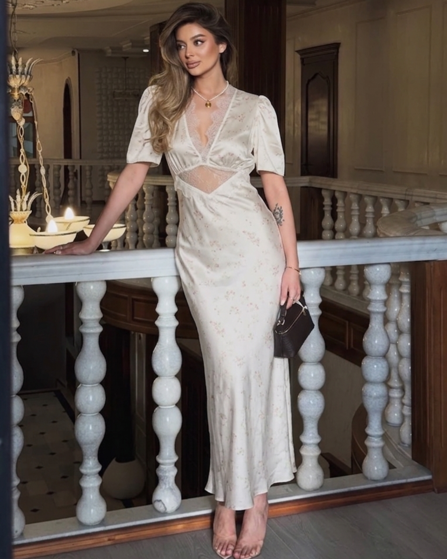 V-Neck Fitted Elegant Short Sleeve Dress for Women/ Lace dress /Vintage Dream Satin Maxi Dress