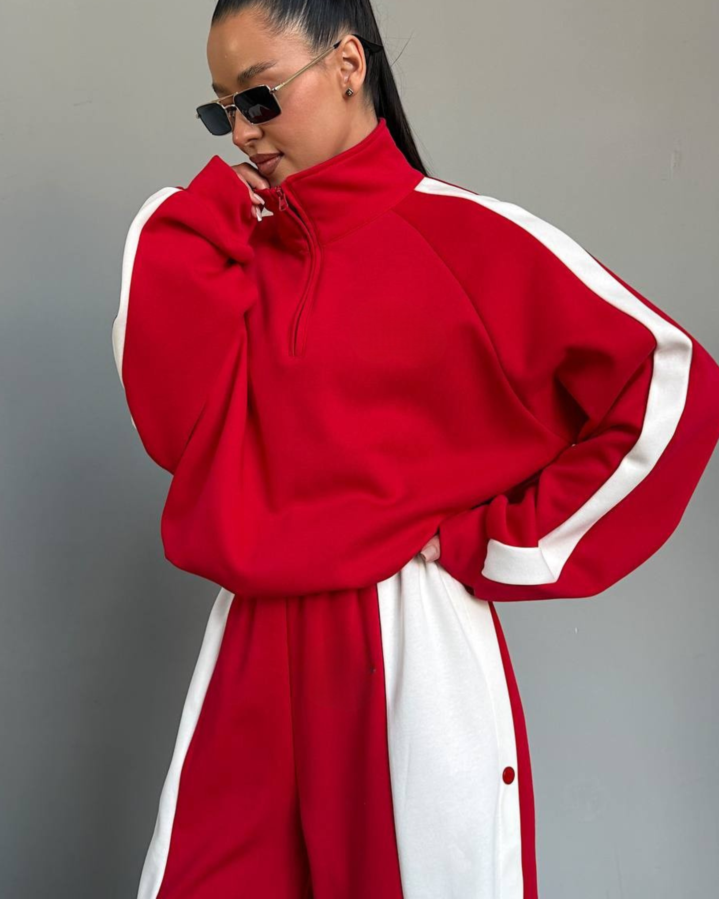 Oversized Quarter-Zip Sweatshirt Set Women with wide  Leg Sweatpants .