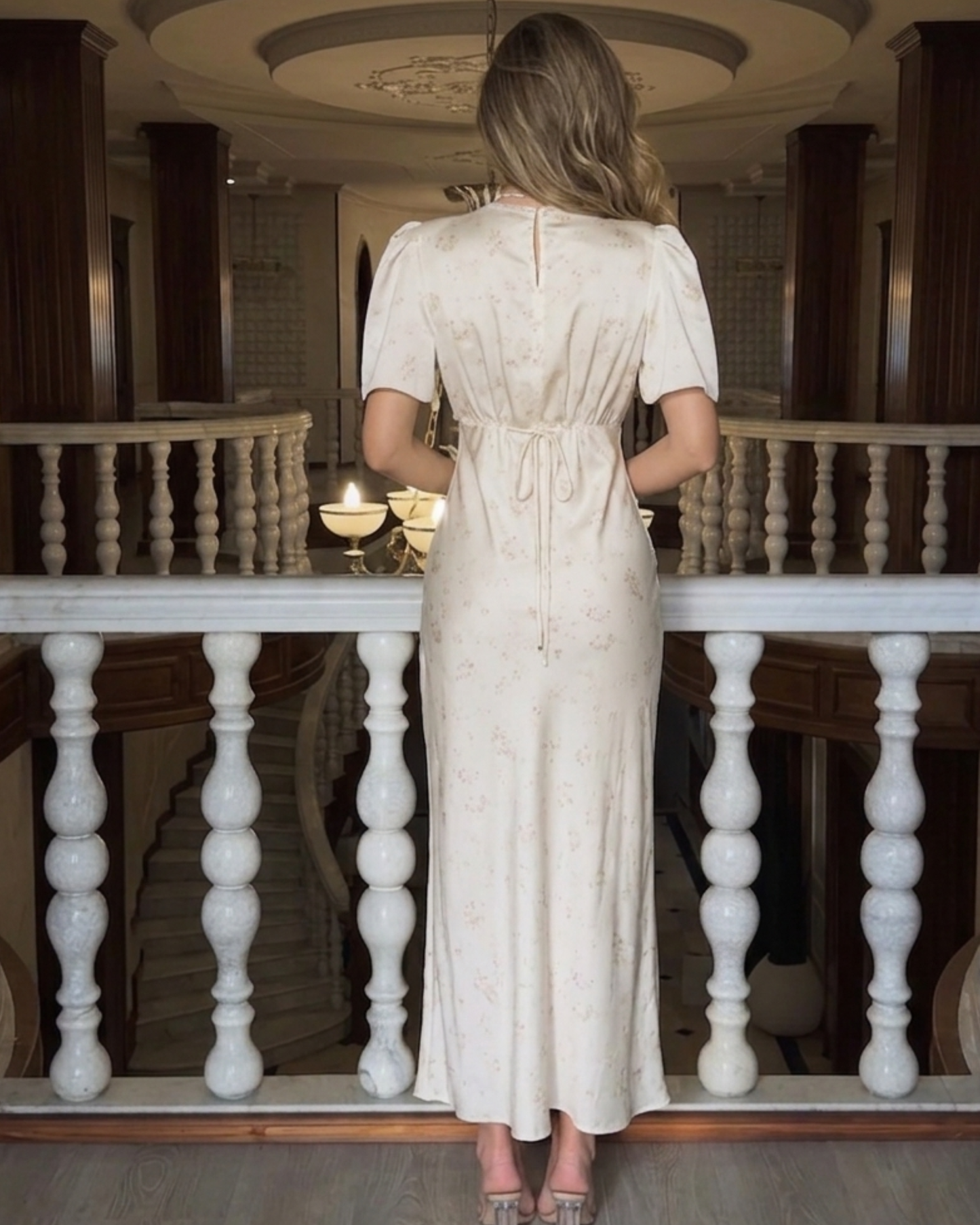 V-Neck Fitted Elegant Short Sleeve Dress for Women/ Lace dress /Vintage Dream Satin Maxi Dress