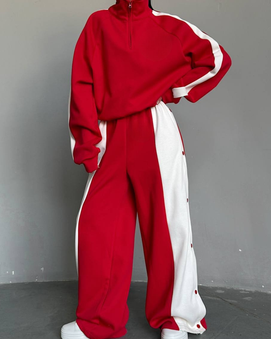 Oversized Quarter-Zip Sweatshirt Set Women with wide  Leg Sweatpants .