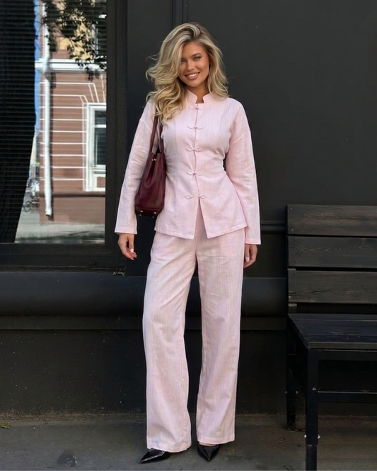 Woman’s summer Two pieces set with Mandarin  Frog Button Top and Wide-Leg Pants