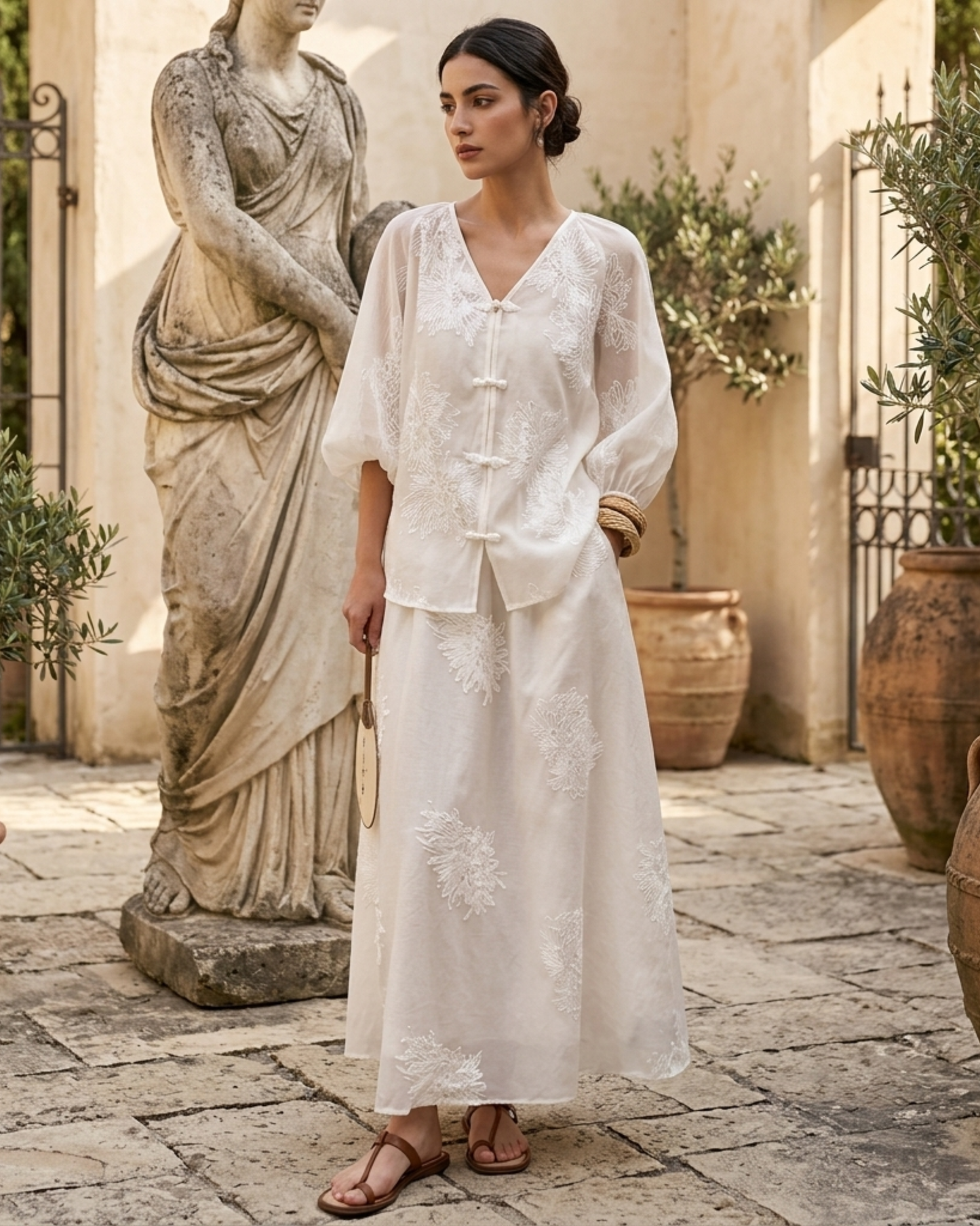 Traditional White Embroidered Two-Piece Maxi Skirt summer dress Set
