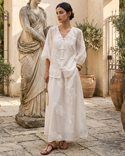 Traditional White Embroidered Two-Piece Maxi Skirt summer dress Set