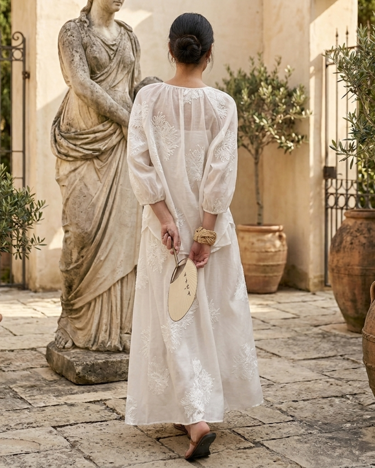 Traditional White Embroidered Two-Piece Maxi Skirt summer dress Set