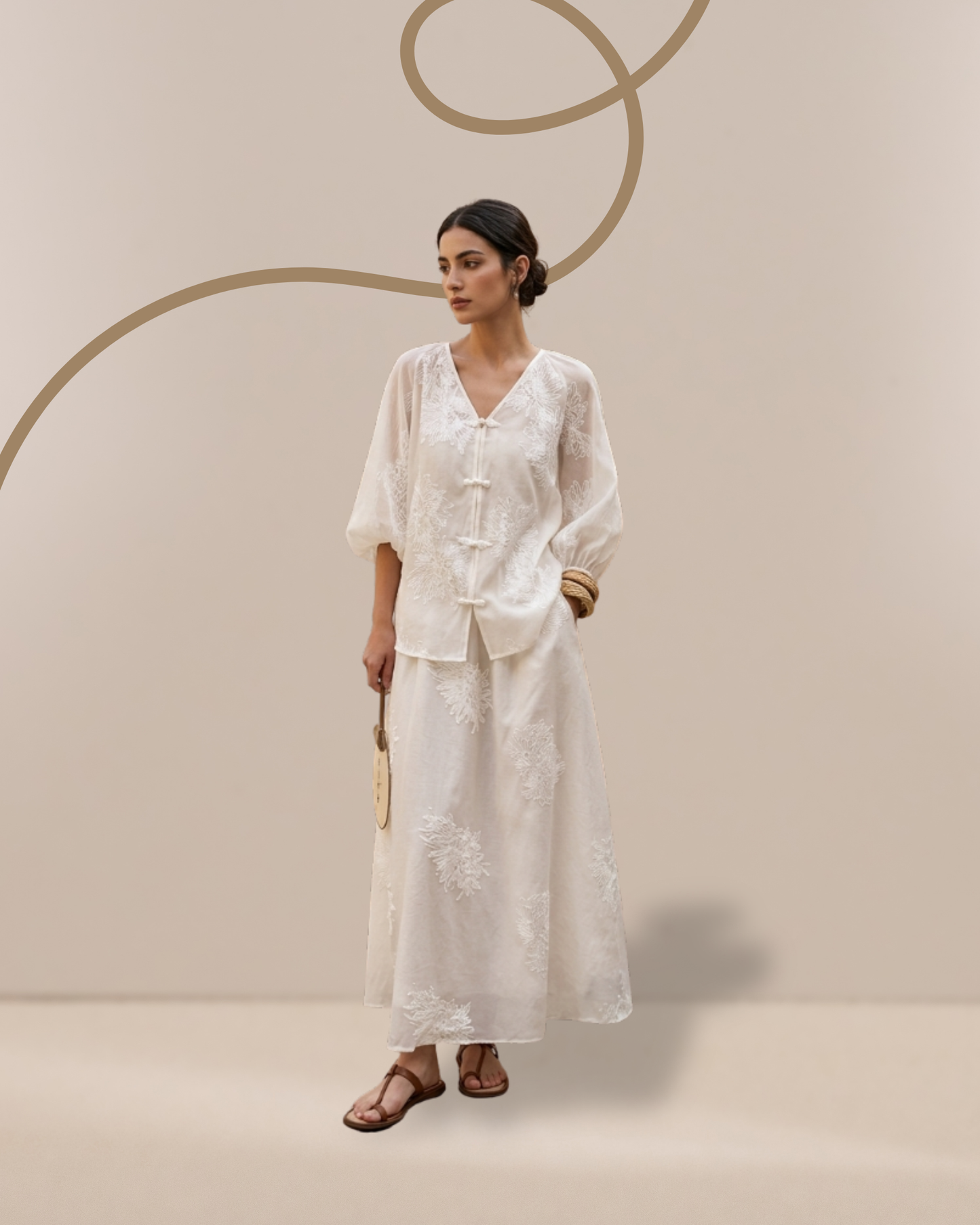 Traditional White Embroidered Two-Piece Maxi Skirt summer dress Set