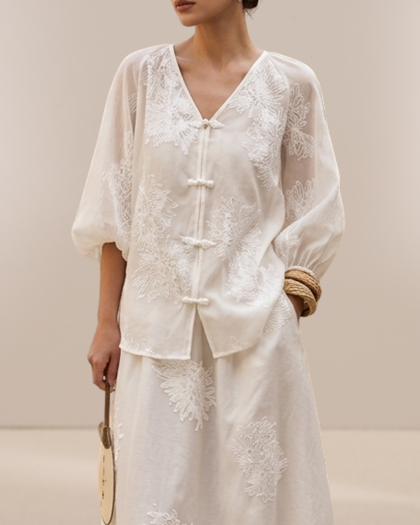 Traditional White Embroidered Two-Piece Maxi Skirt summer dress Set