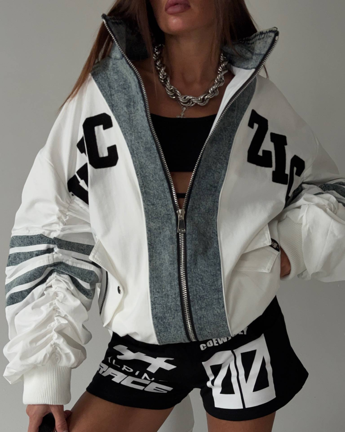 Oversized Contrast Bomber Jacket with Denim Trim⁠