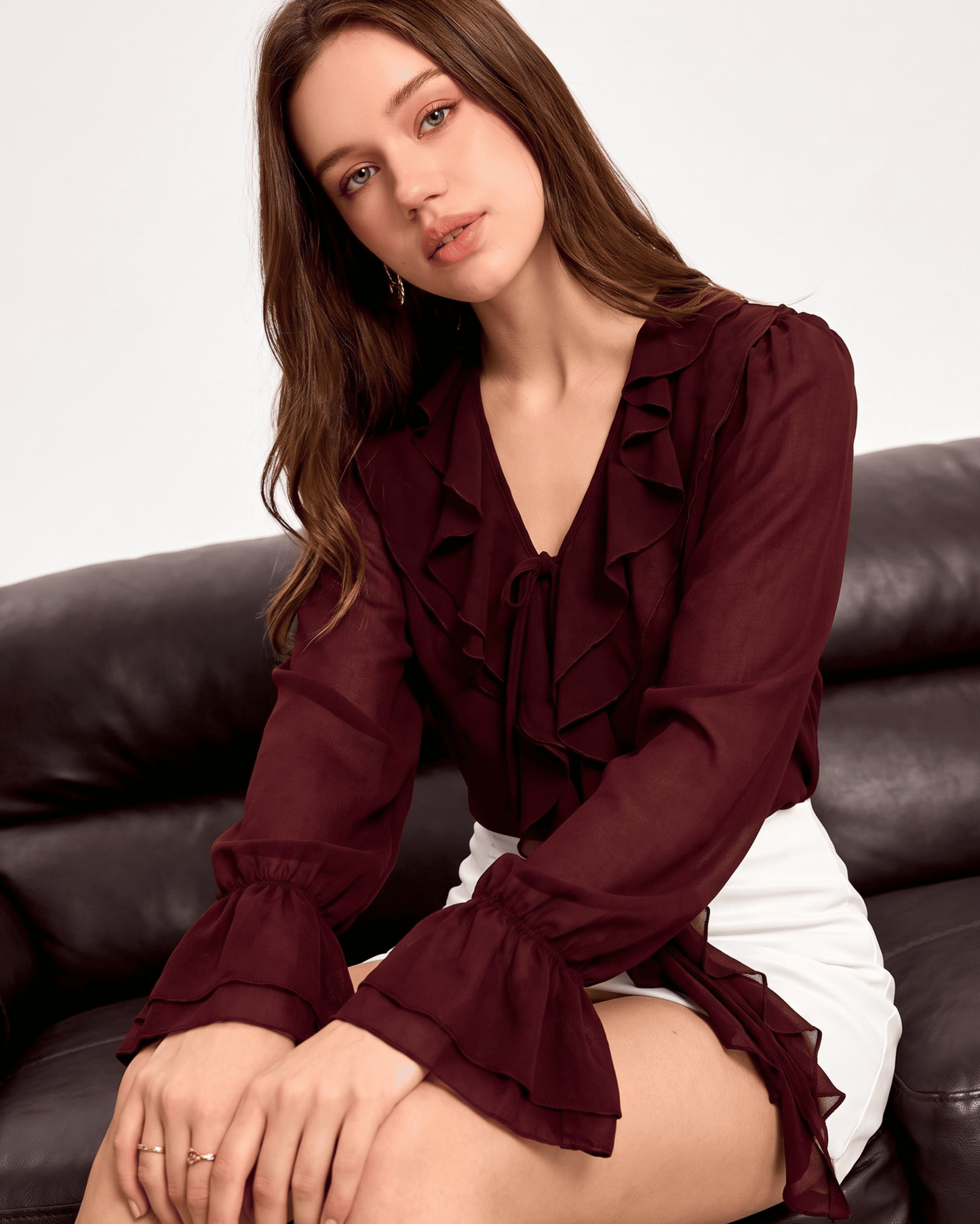 Womens Leaf Trim V-Neck Blouse