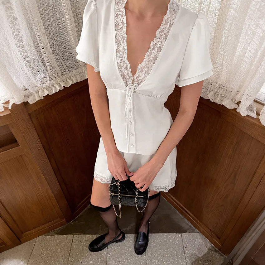 Women's Fashion Lace Waist-Cinching Short-Sleeve Set