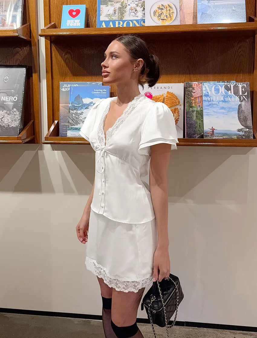 Women's Fashion Lace Waist-Cinching Short-Sleeve Set