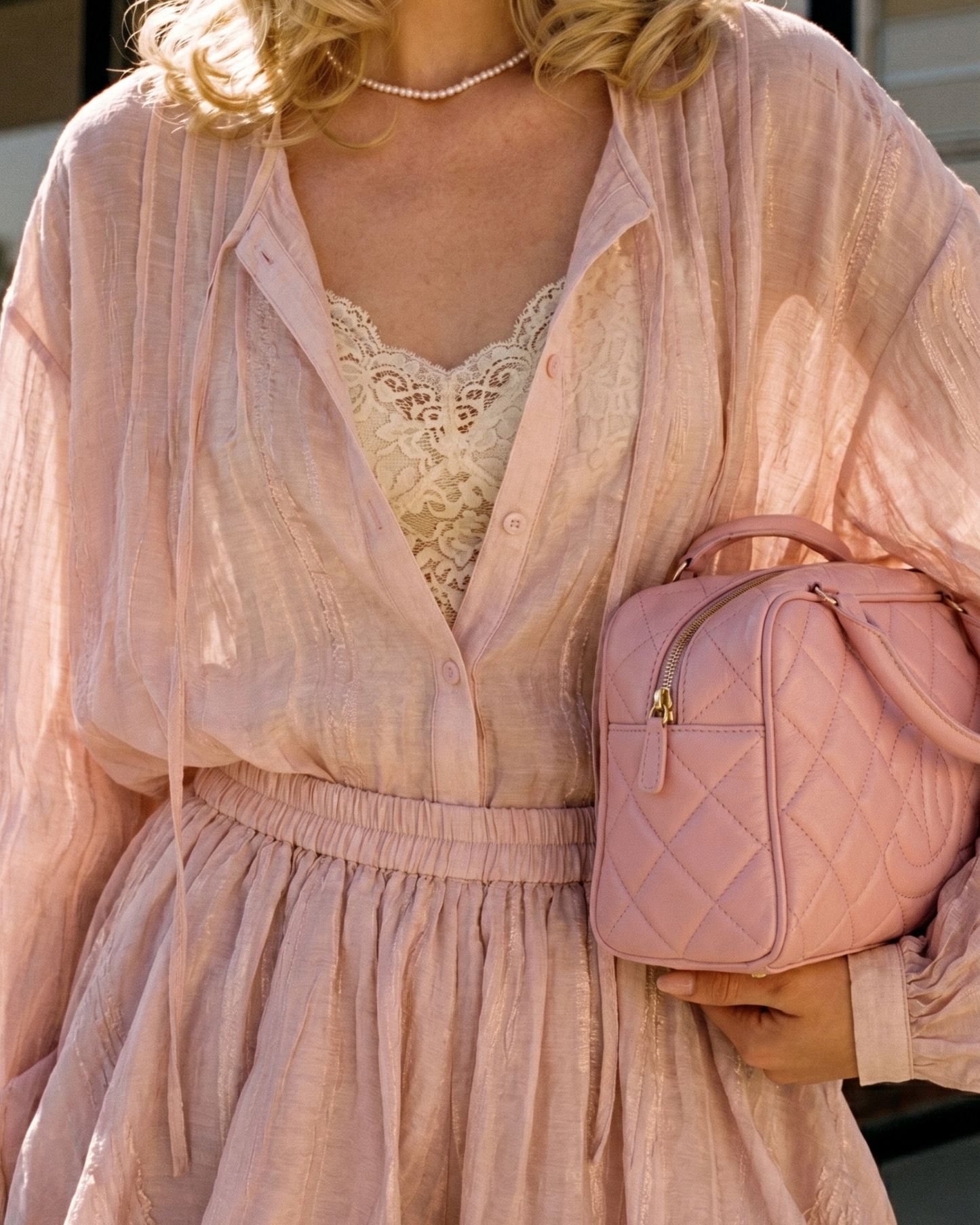 Pastel Pink Tencel Two-Piece Set with Voluminous Sleeve and skirt pants