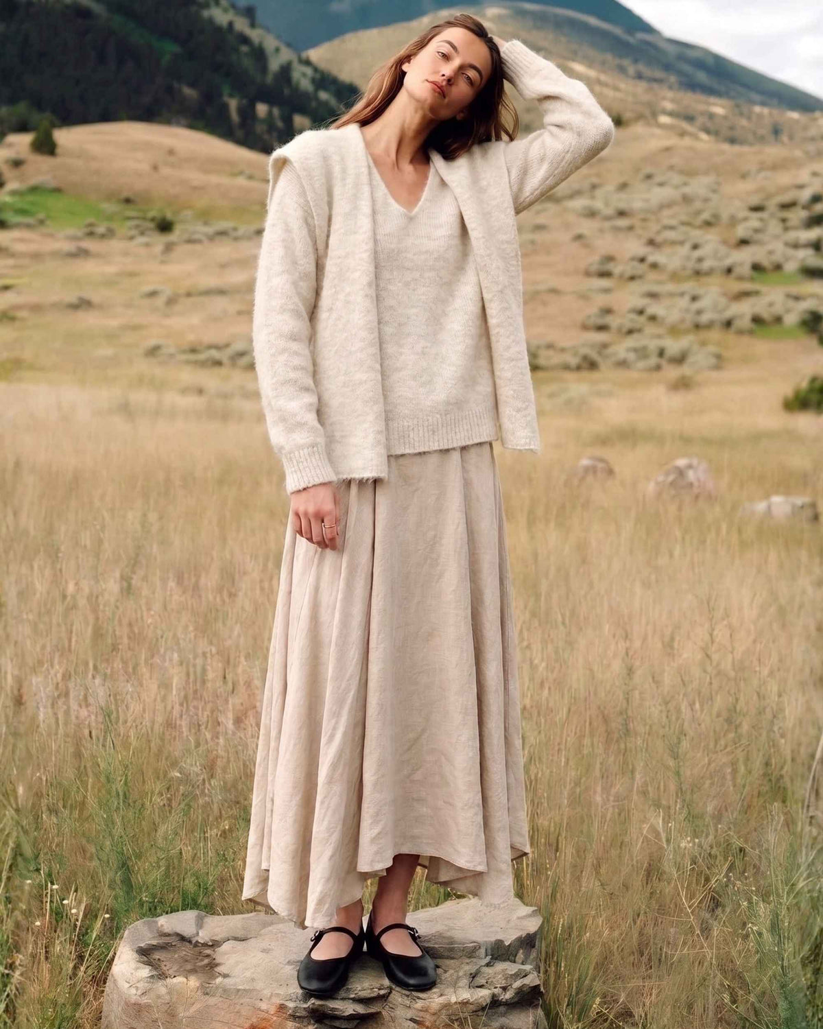 Women's A-line irregular hem midi skirt, front view