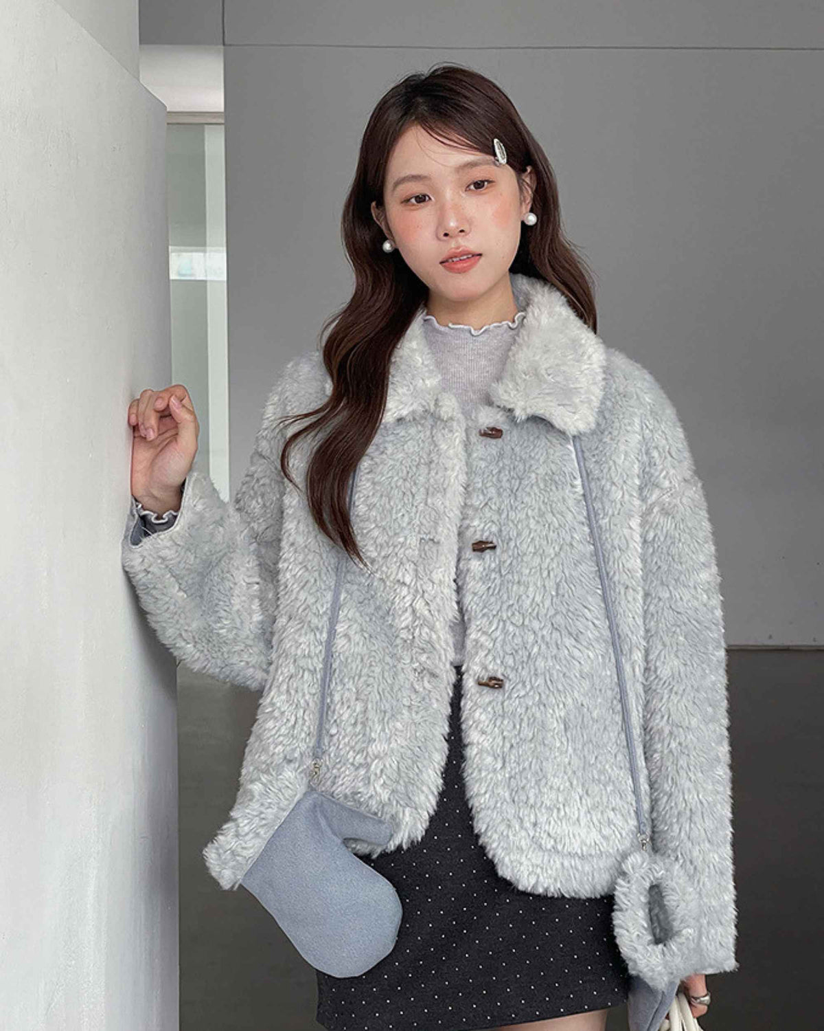 Women's faux fur jacket in Apricot, model wearing
